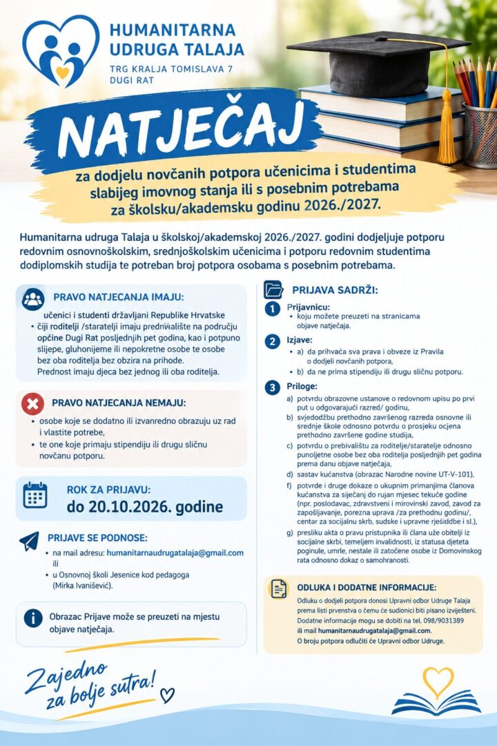 N A T J E Č A J za dodjelu novčanih potpora učenicima i studentima slabijeg imovnog stanja ili s posebnim potrebama za 2026./2027.g.